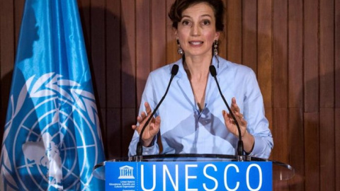 Audrey Azoulay durante su comparecencia tras ser elegida nueva directora de la UNESCO. / EFE