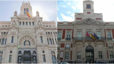 El edificio del Ayuntamiento de Madrid, en la Plaza de la Cibeles, y el de la Presidencia de la Comunidad de Madrid, en la Puerta del Sol. E.P.