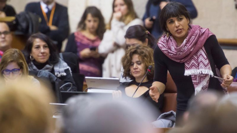 La líder de Podemos Andalucía, Teresa Rodríguez durante un pleno del Parlamento andaluz. EFE/Archivo