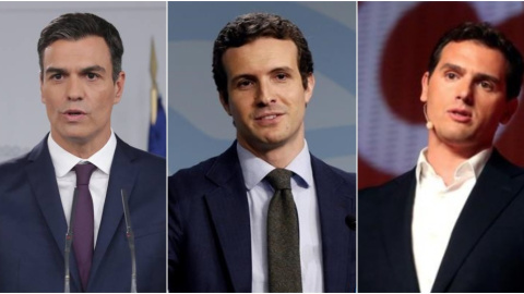 De izquierda a derecha: Pedro Sánchez, Pablo Casado y Albert Rivera. EFE