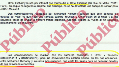 Fragmento del informe reservado del CNI sobre el último viaje de los yihadistas de la célula de Ripoll, en lo que se subraya que Abouyaaqoub "corta las frases para no desvelar detalles" en sus conversaciones por el móvil.