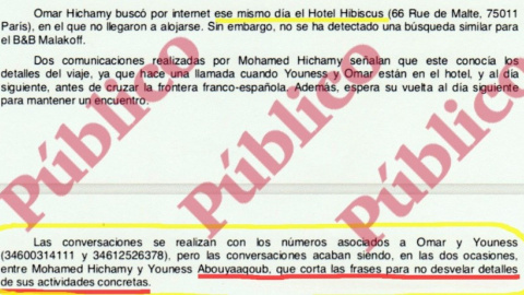 Descripció per part dels agents del CNI de les converses telefòniques entre Mohamed Hichamy i Younes Abouyaaqoub