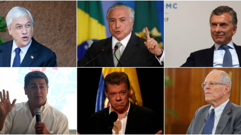 De izquierda a derecha y de arriba a abajo, Sebastián Piñera (Chile), Michel Temer (Brasil), Mauricio Macri, Juan Orlando Hernandez (Honduras), Juan Manuel Santos (Colombia) y Pedro Pablo Kuczynski (Perú). REUTERS