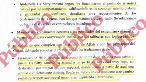 Fragment d'informe del CNI sobre el comportament D'Abdelbaki Es Satty a presó