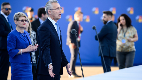 El Secretario General de la OTAN, Jeans Stoltenberg, en una rueda de prensa a su llegada a la cumbre de la OTAN en Madrid.