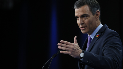 El presidente del Gobierno, Pedro Sánchez, durante la rueda de prensa ofrecida en la segunda jornada de la cumbre de la OTAN que se celebra este jueves en el recinto de Ifema, en Madrid.