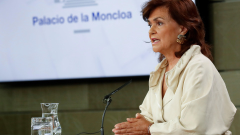 La vicepresidenta del Gobierno, Carmen Calvo, durante la rueda de prensa posterior a la reunión del Consejo de Ministros. EFE/Chema Moya