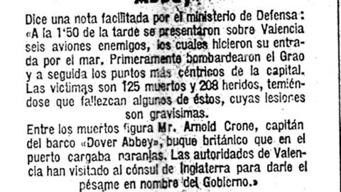 Un recorte de periódico que informaba del bombardeo de Valencia por seis aviones fasciosos.