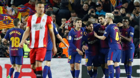 Los jugadores del Barça celebran uno de los goles ante el Girona en el encuentro liguero disputado el pasado 24 de febrero. EFE