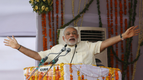 El Primer Ministro de la India hablando en la localidad de Mathura.