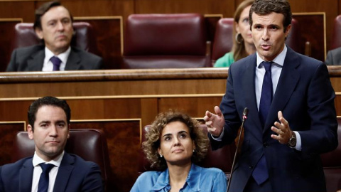 12/09/2018.- El presidente del PP, Pablo Casado, interviene en la sesión de control al Gobierno hoy en el Congreso. EFE/Mariscal