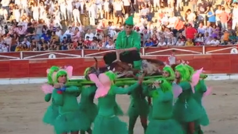 Imagen de la vaquilla muerta retirada por un grupo de jóvenes disfrazados en la plaza de toros de El Espinar. (CAPTURA DE VÍDEO)