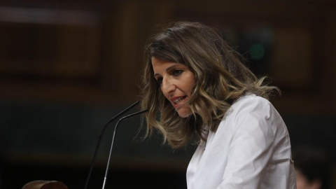 22/07/2019.- La portavoz de En Marea, Yolanda Díaz, durante su intervención en la primera jornada del debate de investidura que afronta el líder socialista, Pedro Sánchez, y que puede desembocar en su elección como presidente del primer Eje