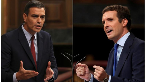 22/07/2019.-El presdente del Gobierno en funciones, Pedro Sánchez,iz., y el presidente del Partido Popular,Pablo Casado,d., durante sus intervenciónes en la primera jornada del debate de investidura que afronta el líder socialista y que pue