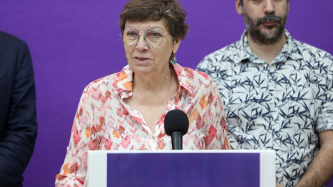 La candidata de Unidas Podemos en Baleares, Antònia Jover, durante una rueda de prensa, en la sede de Podemos, a 1 de junio de 2023, en Palma de Mallorca, Mallorca.