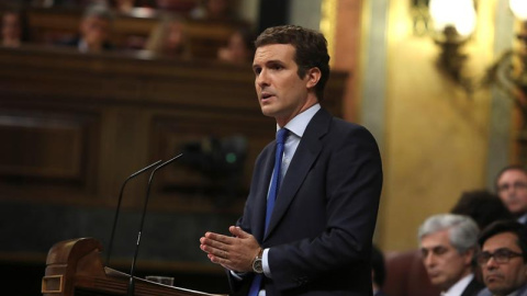 22/07/2019.-El presidente del Partido Popular, Pablo Casado, durante su intervención su intervención en la primera jornada del debate de investidura que afronta el líder socialista y que puede desembocar en su elección como presidente del p