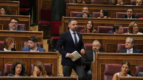 Santiago Abascal, líder de Vox,se dirige a la tribuna para tomar la palabra. (SERGIO PÉREZ | EFE)