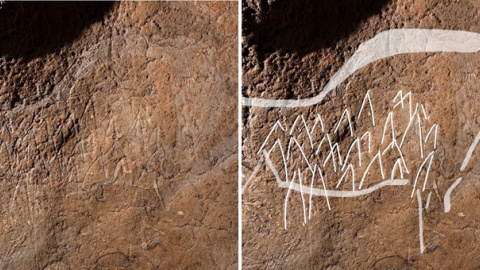 Fotografías facilitadas por la Diputación de Bizkaia, de uno de  los 70 grabados de animales del paleolítico superior hallado en la cueva de Atxurra. EFE/