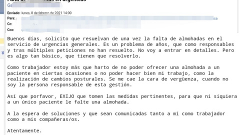 Correo del que parte la queja por la falta de almohadas.