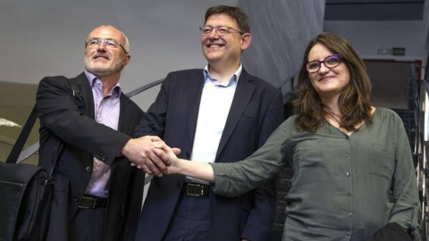 Mónica Oltra, Ximo Puig y Antonio Montiel tras su primera reunión hace tres días.- EFE