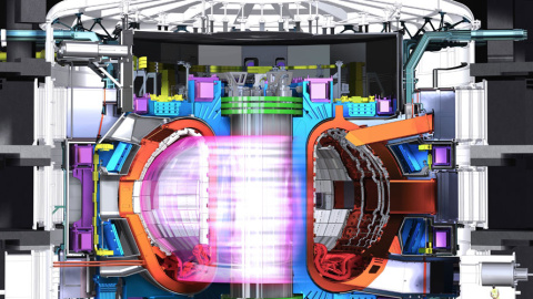 Representación gráfica del reactor Tokamak con el plasma de  isótopos de hidrógeno en su interior.  Mide 30 metros de alto y 29 de diámetro.