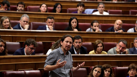 22/07/2019.- El líder de Unidas Podemos, Pablo Iglesias, interviene durante la primera jornada del debate de investidura que afronta el líder socialista, Pedro Sánchez, y que puede desembocar en su elección como presidente del primer Ejecut