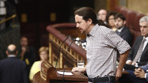 El secretario general de Podemos, Pablo Iglesias, durante su intervención en el Congreso de los Diputados. Europa Press