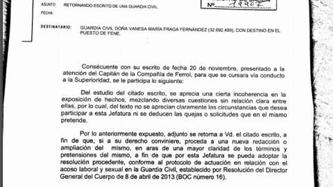 Respuesta de un alto mando al texto de una guardia civil en el que denuncia presiones homófobas.