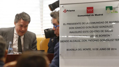 Ignacio González declara por el caso Lezo. A la derecha, placa en un centro médico de Boadilla / EFE