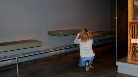 Una dona fotografia les lleixes del Museu de LLeida on eren les obres de Sixena. / Museu de Lleida.