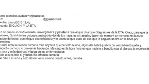 Mensaje amenazante recibido por el alcalde de Cádiz, José María González, Kichi.