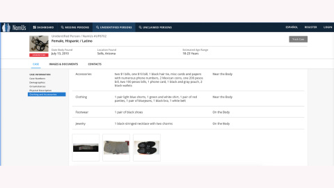 Captura del informe de los datos de la mujer encontrada en Sells, Arizona, en la base de datos NamUS