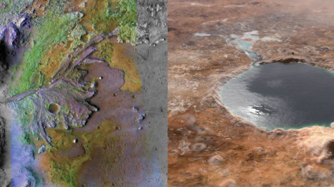 Imagen real de un antiguo delta del cráter Jezero captado por el Mars Reconnaissance Orbiter de la NASA y recreación del lago que pudo cubrir este cráter hace miles de millones de años, con entrada y salida de agua.