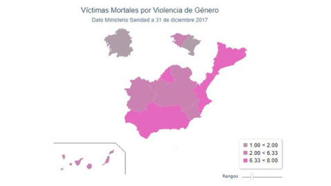 Mapa ilustrativo de las cifras oficiales de víctimas mortales por violencia de género en 2017. / Porcentual