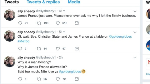 Mensajes en Twitter de la actriz Ally Sheedy sobre James Franco.