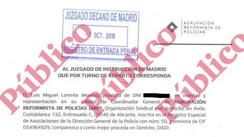 Encabezado de la denuncia presentada este lunes por la Agrupación Reformista de Policías contra la concesión de medallas rojas en presuntos delitos de prevaricación y malversación.