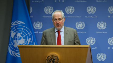 El portavoz del secretario general de Naciones Unidas, Stéphane Dujarric, en una rueda de prensa en la sede de la ONU, en Nueva York, a 21 de febrero de 2023.