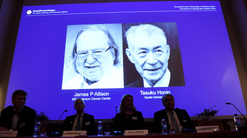 El estadounidense James P. Allison y el japonés Tasuku Honjo, ganadores del Nobel de Medicina. - REUTERS