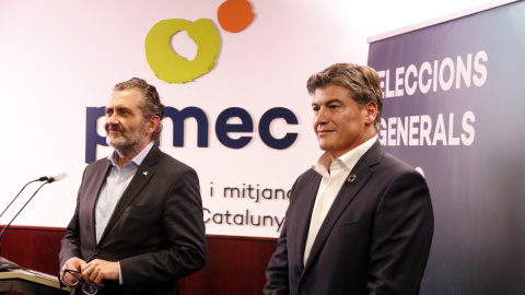 Dos candidats a les eleccions de PIMEC, Antoni Cañete i Pere Barrios, després de conèixer els resultats de les eleccions a la patronal.