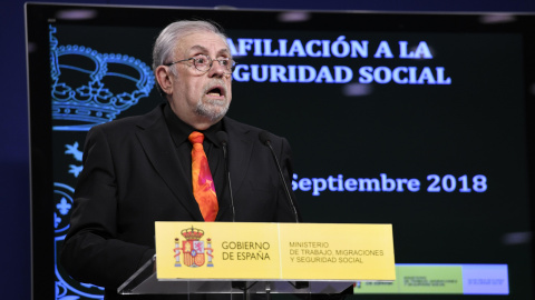 Octavio Granados, secretario de Estado de la Seguridad Social, durante la rueda de prensa de presentación de los datos de paro y afiliación a la Seguridad Social. EFE/Victor Lerena