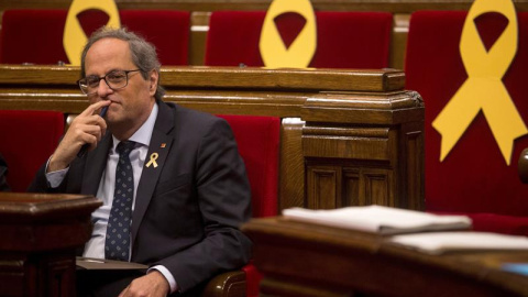 02/10/2018.- El presidente de la Generalitat, Quim Torra, durante el pleno del Parlament que lleva más de dos meses sin actividad, donde se celebra el debate y votación del dictamen de la comisión del Estatuto de los Diputados sobre los dip