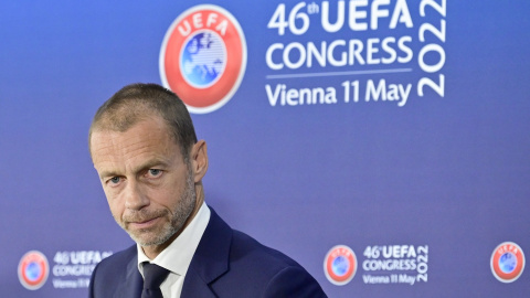 El presidente de la UEFA, Aleksander Ceferin, en la asamblea del organismo europeo del fútbol, celebrada en Viena en mayo de 2022. E.P./Hans Punz/APA/dpa