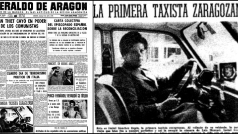 Portada del 'Heraldo' con Isabel Sánchez Espín, la primera taxista de Zaragoza, fotografiada por Luis Mompel.