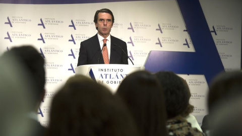 José María Aznar durante su intervención en el Instituto Atlántico.- EUROPA PRESS