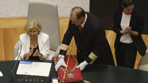 Manuela Carmena, cabeza de lista de Ahora Madrid al Ayuntamiento de la capital de España, ha sido proclamada nueva alcaldesa de la ciudad . EFE/Alberto Martín