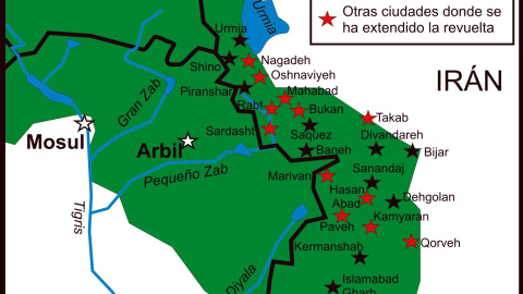 Mapa de elaboración propia que muestra con estrellas negras y rojas las ciudades del Kurdistán iraní donde se han producido la principales revueltas populares