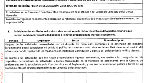 05/10/2023 Fragmento de la declaración de intereses económicos presentada por Santiago Abascal al Congreso de los Diputados.