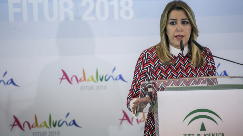 La presidenta de la Junta de Andalucía, Susana Díaz, durante la inauguración del pabellón de Andalucía en FITUR 2018. EFE/Santi Donaire