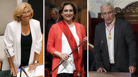 Manuela Carmena, Ada Colau, y Joan Ribó, en sus investiduras en las alcaldías de Madrid, Barcelona y Valencia, respectivamente. EFE/REUTERS