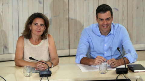 El presidente del Gobierno en funciones, Pedro Sánchez, y la ministra de Transición Ecológica en funciones, Teresa Ribera, durante su reunión con organizaciones ecologistas. EFE/ J.J. Guillén